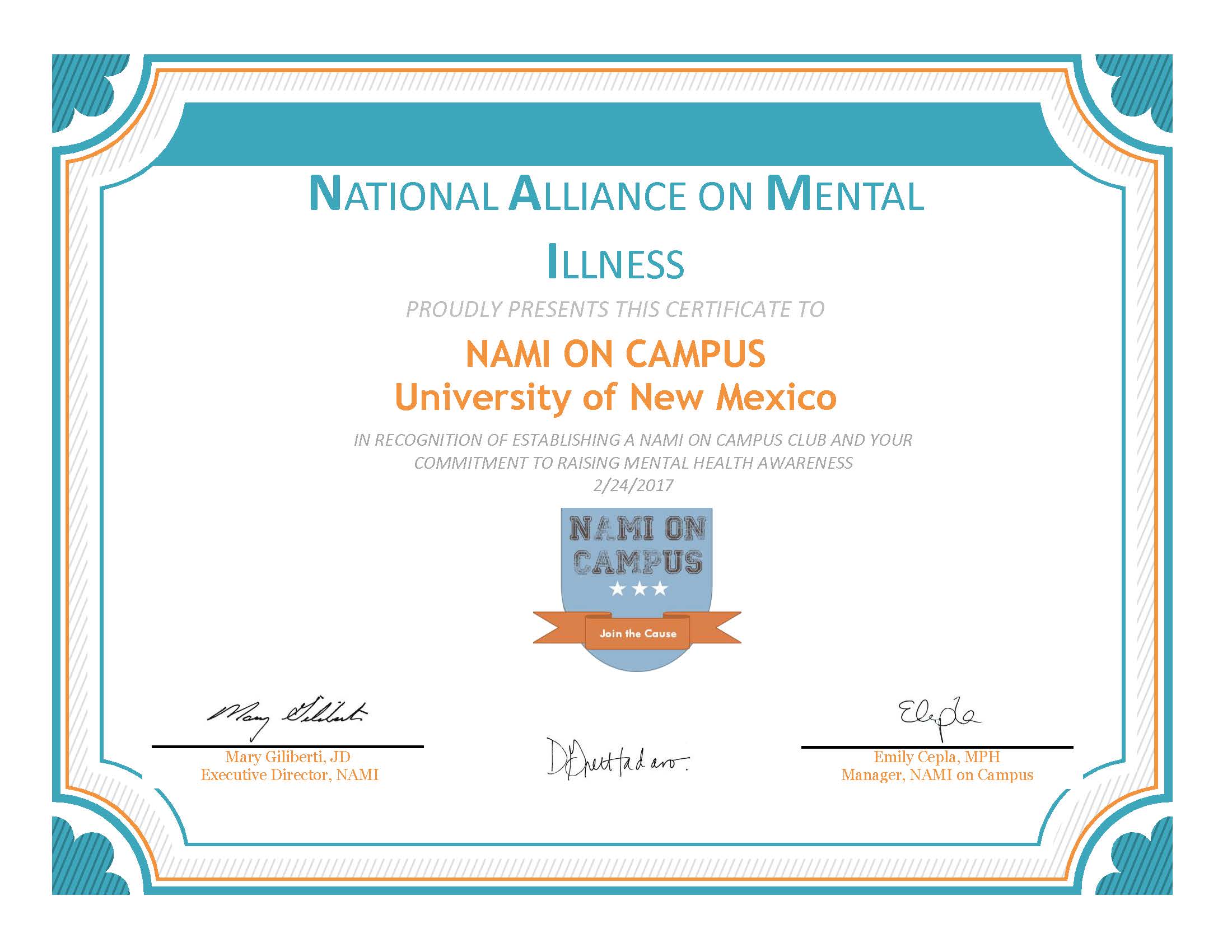 NAMI UNM Certificate